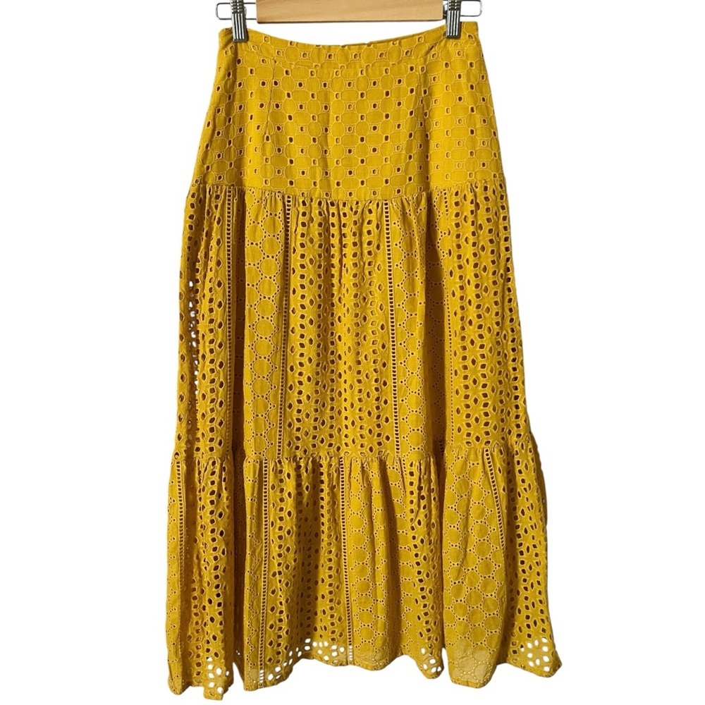 House of Harlow 1960 Size Small Mustard Yellow Eyelet Lace Tiered Midi Skirt - Picture 7 of 8